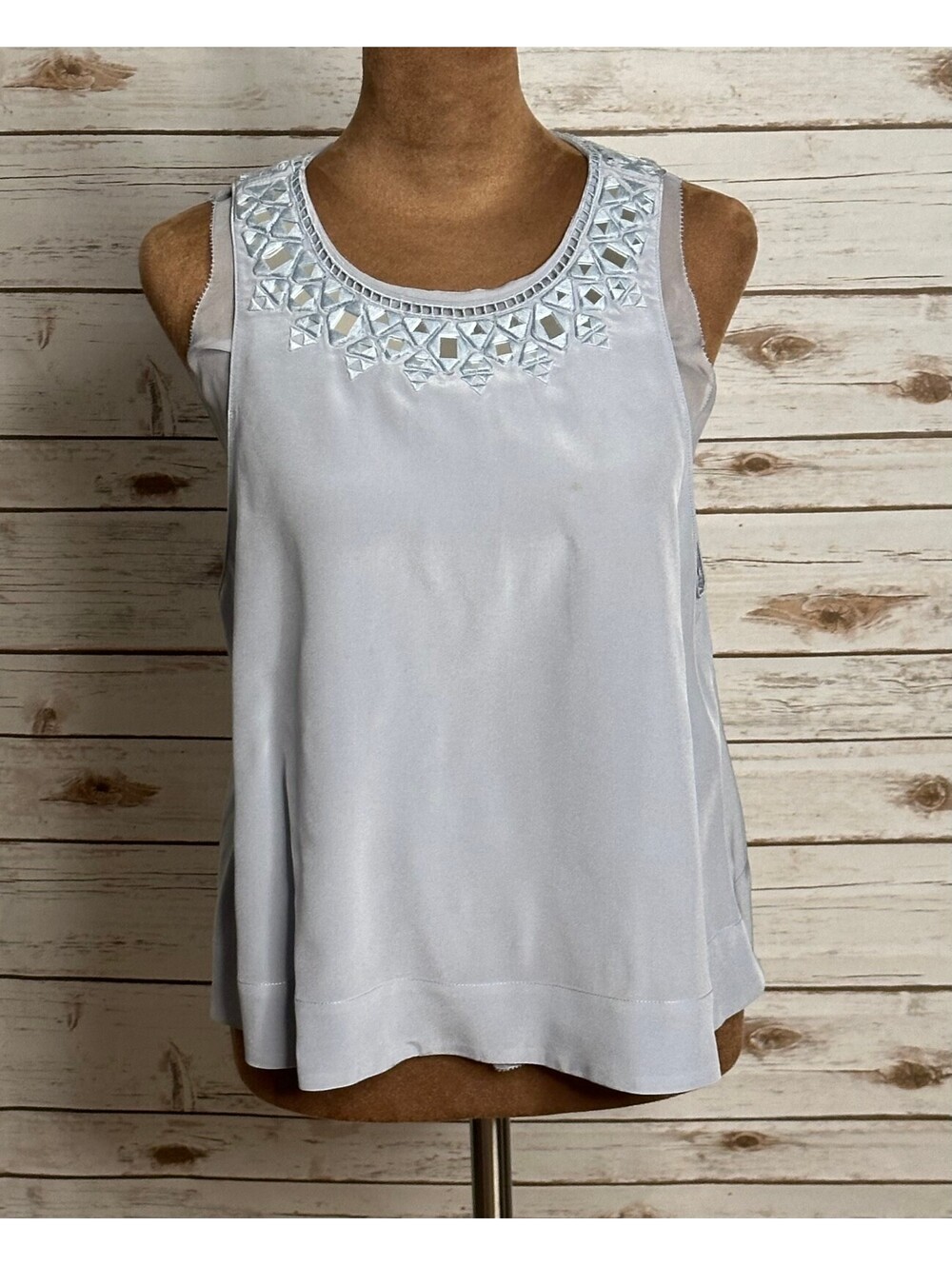Rebecca Taylor light blue silver geometric embroidered sleeveless silk top 4